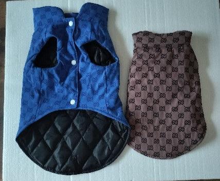 Luxury Designer-Inspired Replica Dog Padded Puffer Vest Dog Jacket Coat Clothes Quilted Pet Apparel, Brown or Blue, Small Medium Breeds, Sizes Small to 3XL