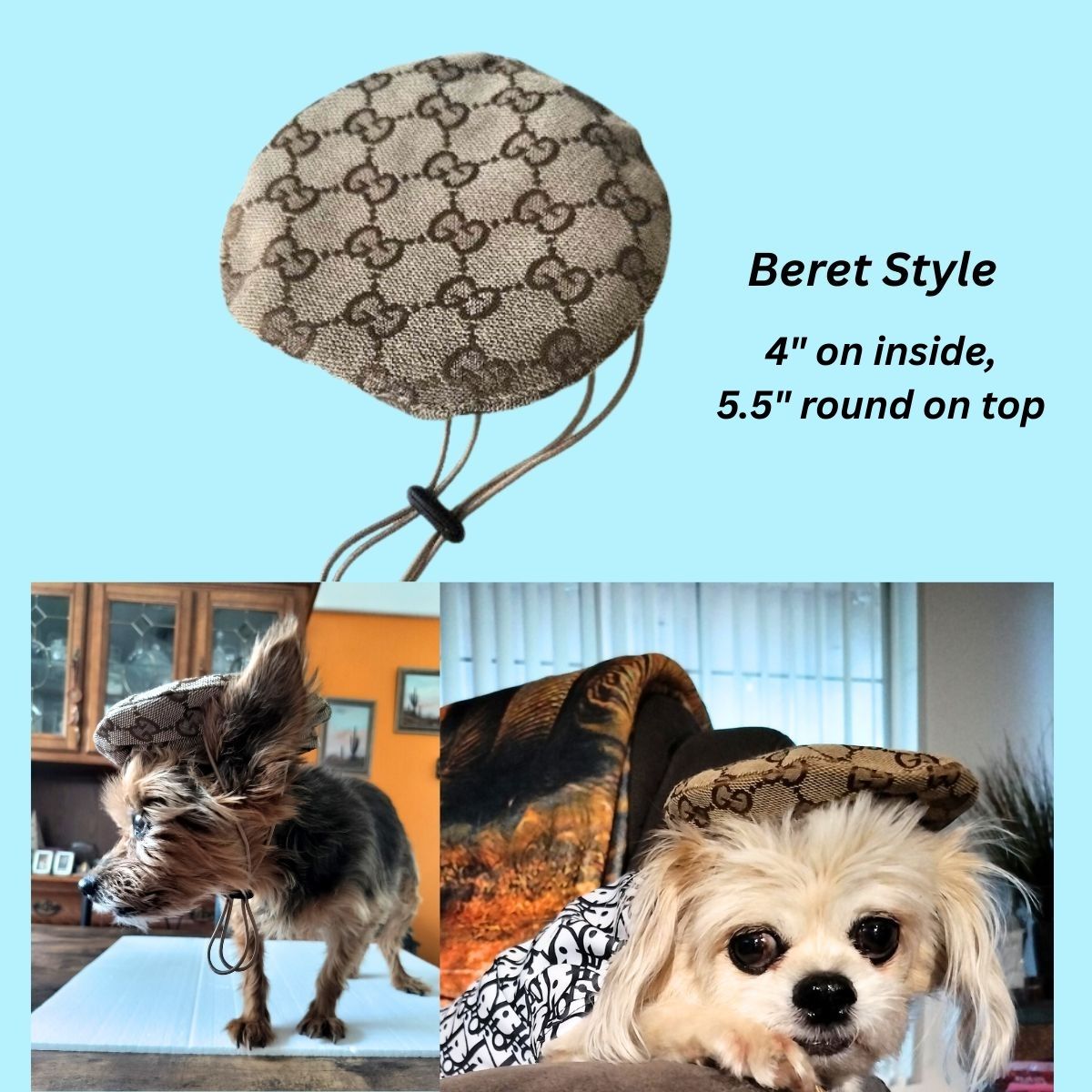 Dream Dog, Luxury Designer Inspired Replicas Adjustable Dog Bucket Style Hat, Beret Style Hat, Visor Style Hat Cap Blue or Brown Colors, Small and Medium Breeds