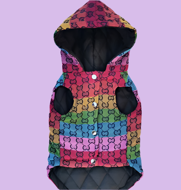 Dream Dog Luxury Designer- Inspired Replica Dog Padded Rainbow Coat/Jacket/Vest, Pet Clothes Apparel Hoodie, Hooded Vest Pet Winter Hoodie, Small to Medium Dogs, Cats, Pets, XS to 3XL