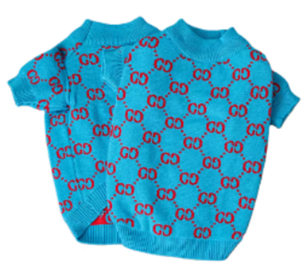 Luxury Designer-Inspired Replica Fashion Sweater Dog Apparel Pet Clothes,Blue with Red, Super Soft, Small Breeds, Sizes from Small to XX-Large Parent ASIN: B0DTPG7RWK Parent SKU: Dream_parent3