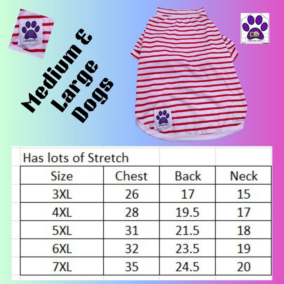 Dream Dog Luxury Dog Summer Casual Red & White Striped Shirt T-Shirt Outfit, Pet Clothes Apparel, Sizes 3XL to 6 XL, Medium & Large Breeds❤️