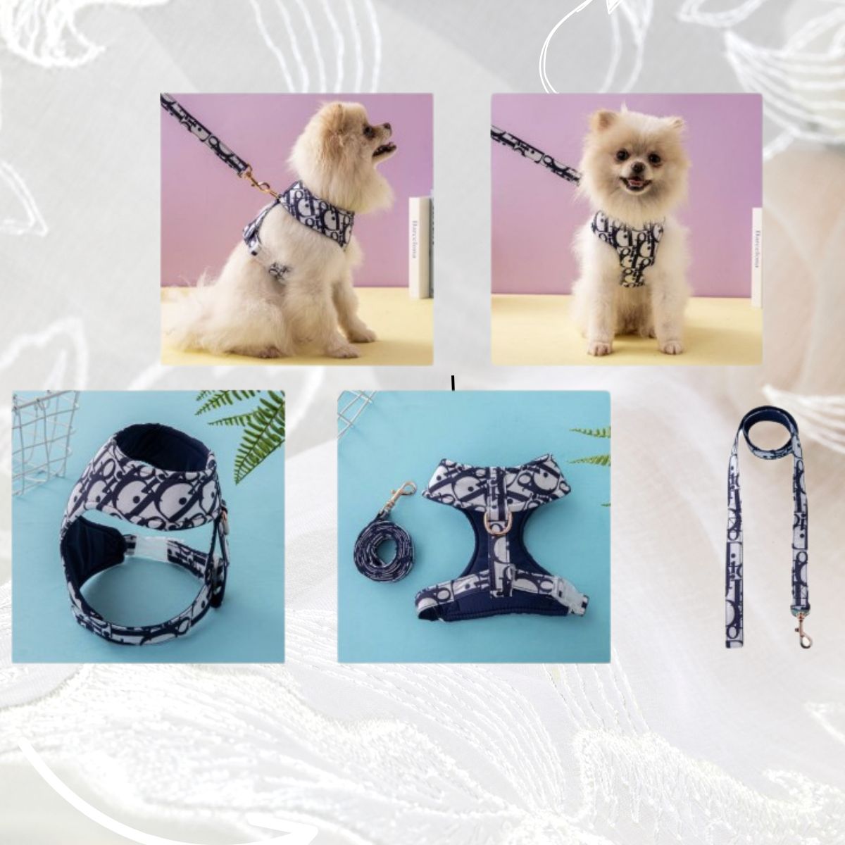 Dream Dog Luxury Designer-Inspired Replica Dog Harness and Leash Set Lightweight, Soft, No Choke, Adjustable for Puppies, Cats and Small Dogs, Shih-Tzu, Yorkie, Chihuahua, 2 Styles