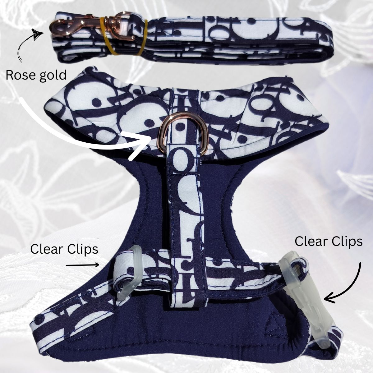 Dream Dog Luxury Designer-Inspired Replica Dog Harness and Leash Set Lightweight, Soft, No Choke, Adjustable for Puppies, Cats and Small Dogs, Shih-Tzu, Yorkie, Chihuahua, 2 Styles