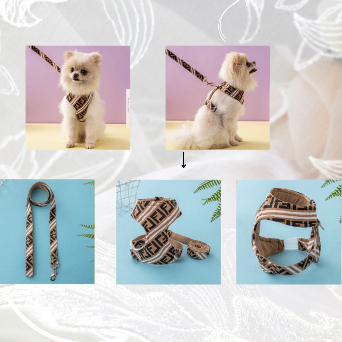 Dream Dog Luxury Designer-Inspired Replica Dog Harness and Leash Set Lightweight, Soft, No Choke, Adjustable for Puppies, Cats and Small Dogs, Shih-Tzu, Yorkie, Chihuahua, 2 Styles