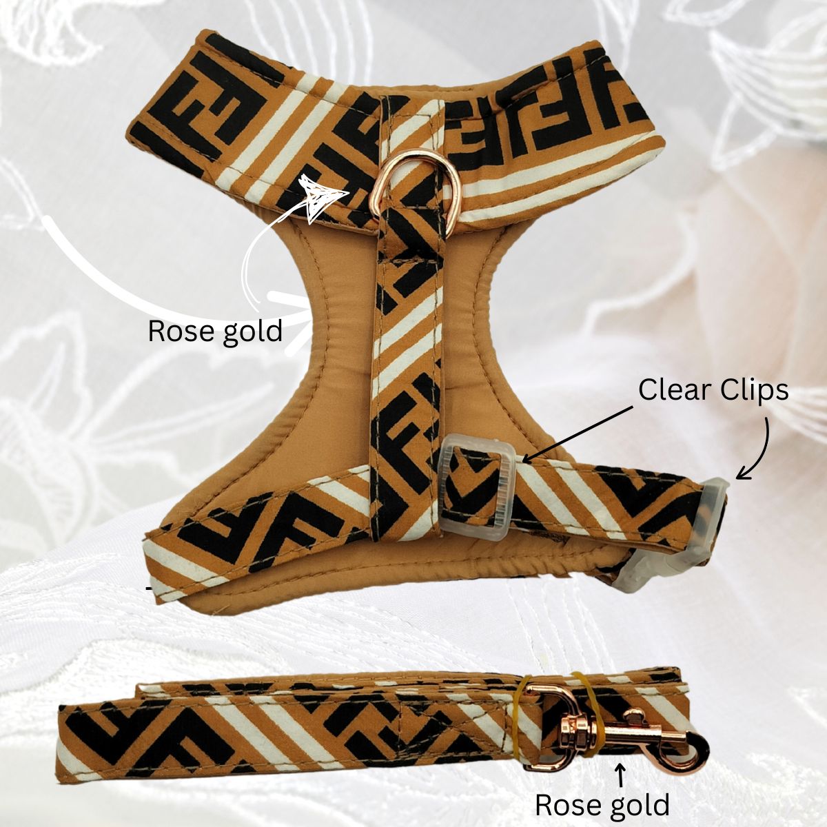 Dream Dog Luxury Designer-Inspired Replica Dog Harness and Leash Set Lightweight, Soft, No Choke, Adjustable for Puppies, Cats and Small Dogs, Shih-Tzu, Yorkie, Chihuahua, 2 Styles