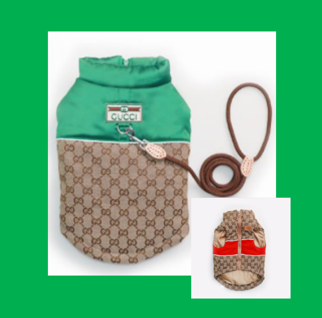 Dream Dog Luxury Designer-Inspired Replica Dog Padded Vest Clothes Pet Apparel Soft Pet Warm Vest, Free Leash, S to XX-Large, Small-Medium Breeds Red/Brown and Green/Brown