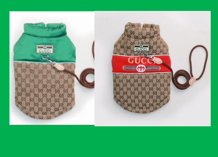 Dream Dog Luxury Designer-Inspired Replica Dog Padded Vest Clothes Pet Apparel Soft Pet Warm Vest, Free Leash, S to XX-Large, Small-Medium Breeds Red/Brown and Green/Brown