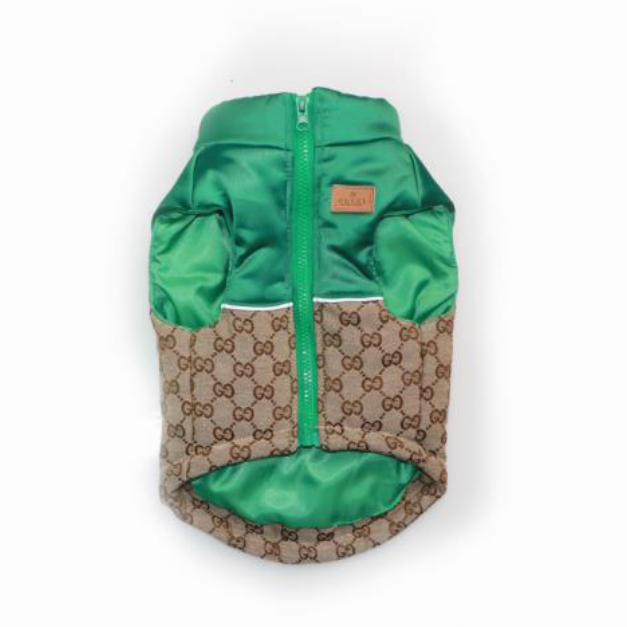 Dream Dog Luxury Designer-Inspired Replica Dog Padded Vest Clothes Pet Apparel Soft Pet Warm Vest, Free Leash, S to XX-Large, Small-Medium Breeds Red/Brown and Green/Brown