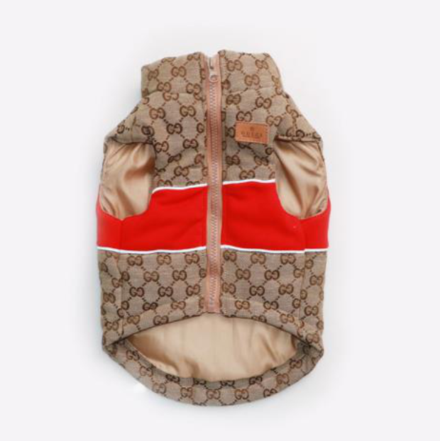 Dream Dog Luxury Designer-Inspired Replica Dog Padded Vest Clothes Pet Apparel Soft Pet Warm Vest, Free Leash, S to XX-Large, Small-Medium Breeds Red/Brown and Green/Brown