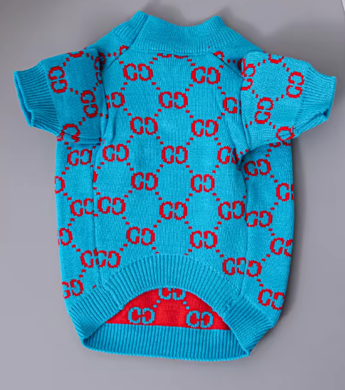 Luxury Designer-Inspired Replica Fashion Sweater Dog Apparel Pet Clothes,Blue with Red, Super Soft, Small Breeds, Sizes from Small to XX-Large Parent ASIN: B0DTPG7RWK Parent SKU: Dream_parent3