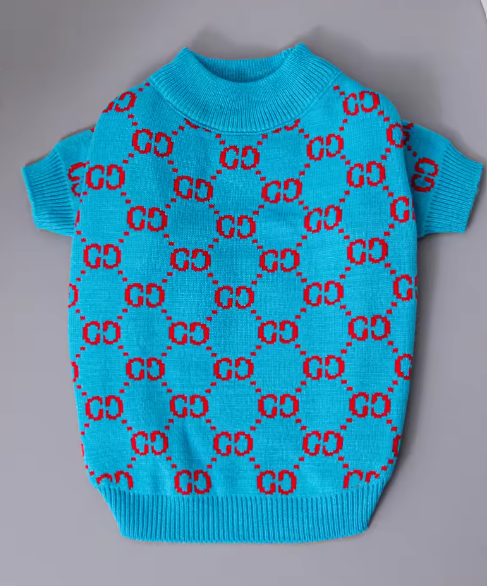 Luxury Designer-Inspired Replica Fashion Sweater Dog Apparel Pet Clothes,Blue with Red, Super Soft, Small Breeds, Sizes from Small to XX-Large Parent ASIN: B0DTPG7RWK Parent SKU: Dream_parent3