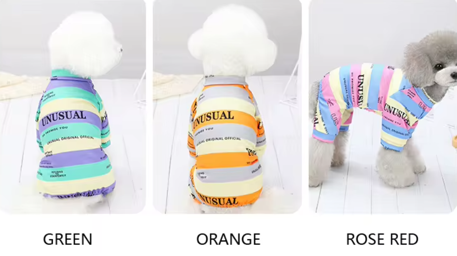 Designer Luxury Fashion Dog Pajamas Shirt Outfit, Cat Clothes Apparel, Multi-Color Stripe Unusual Design, Green, Orange and Rose Red, Small to Medium Breeds, Small to XX-Large