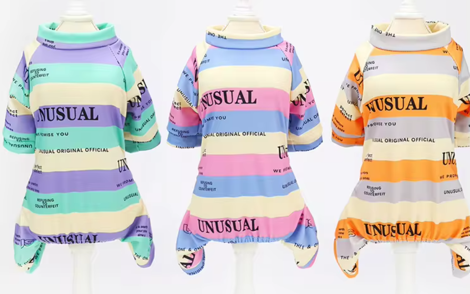 Designer Luxury Fashion Dog Pajamas Shirt Outfit, Cat Clothes Apparel, Multi-Color Stripe Unusual Design, Green, Orange and Rose Red, Small to Medium Breeds, Small to XX-Large