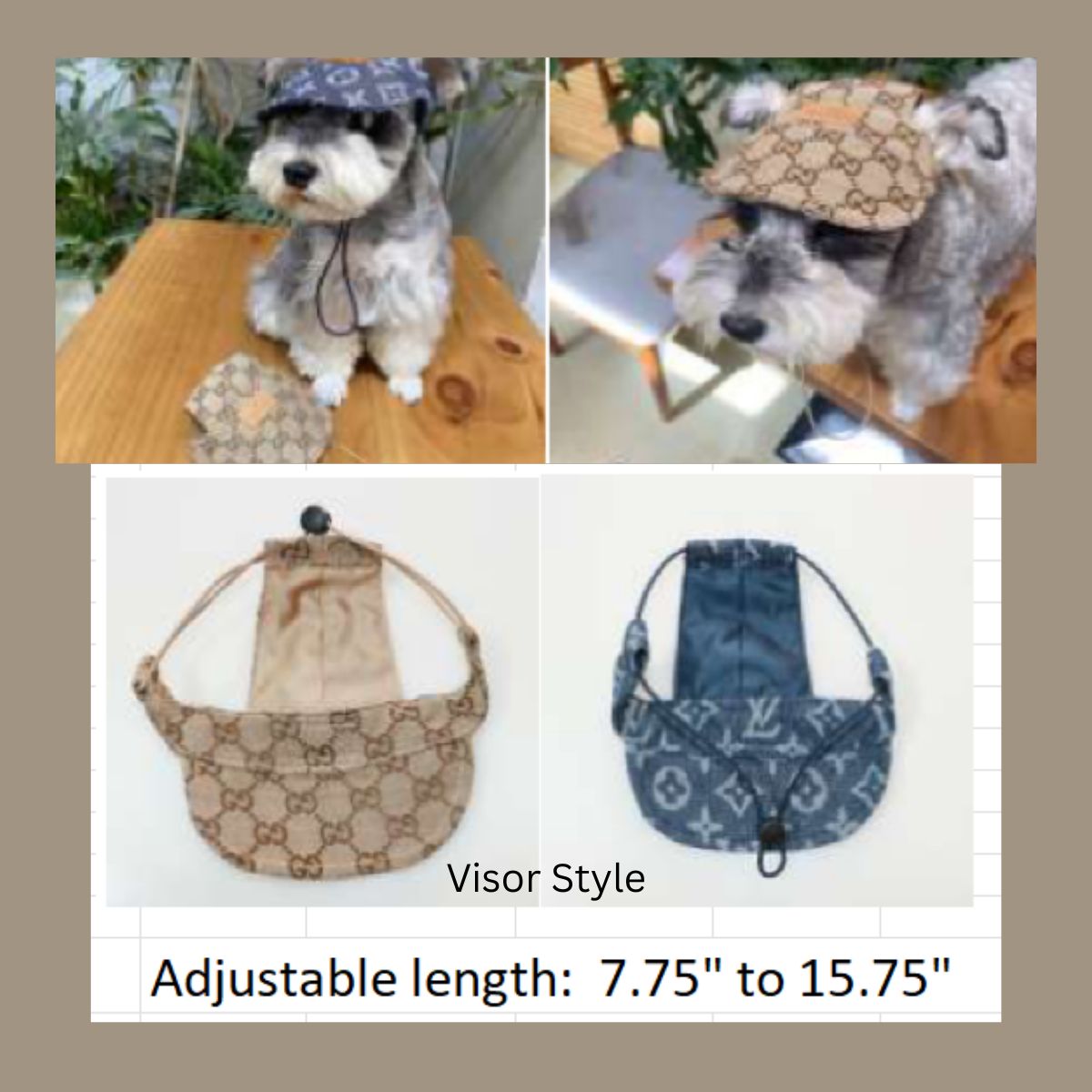 Dream Dog, Luxury Designer Inspired Replicas Adjustable Dog Bucket Style Hat, Beret Style Hat, Visor Style Hat Cap Blue or Brown Colors, Small and Medium Breeds