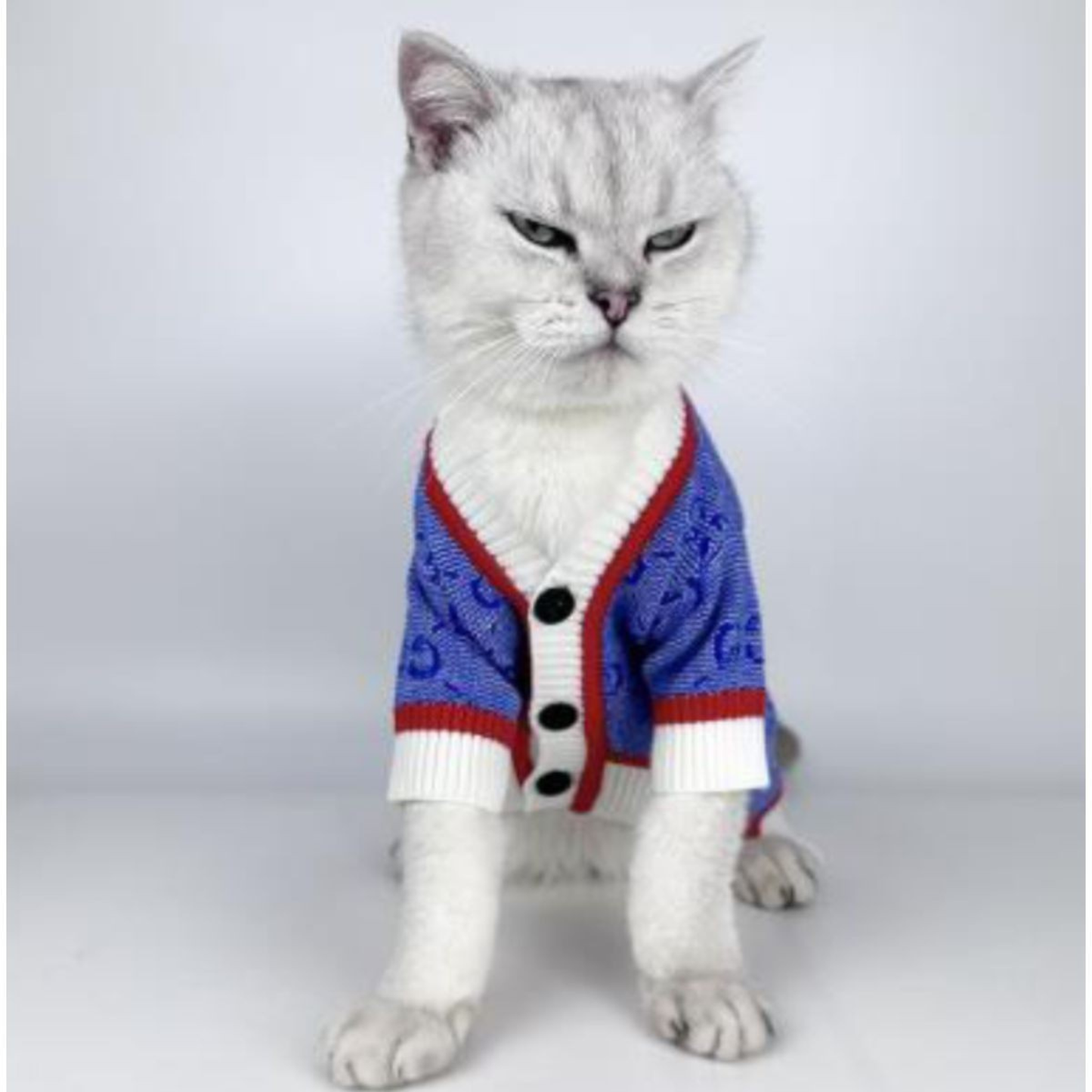 Dream Dog Button Sweater Blue w/Red White Trim, Cat Pet Clothes Apparel, Soft & Warm Sweater Clothes, Small Breeds, Small to XX-Large, Perfect All Year