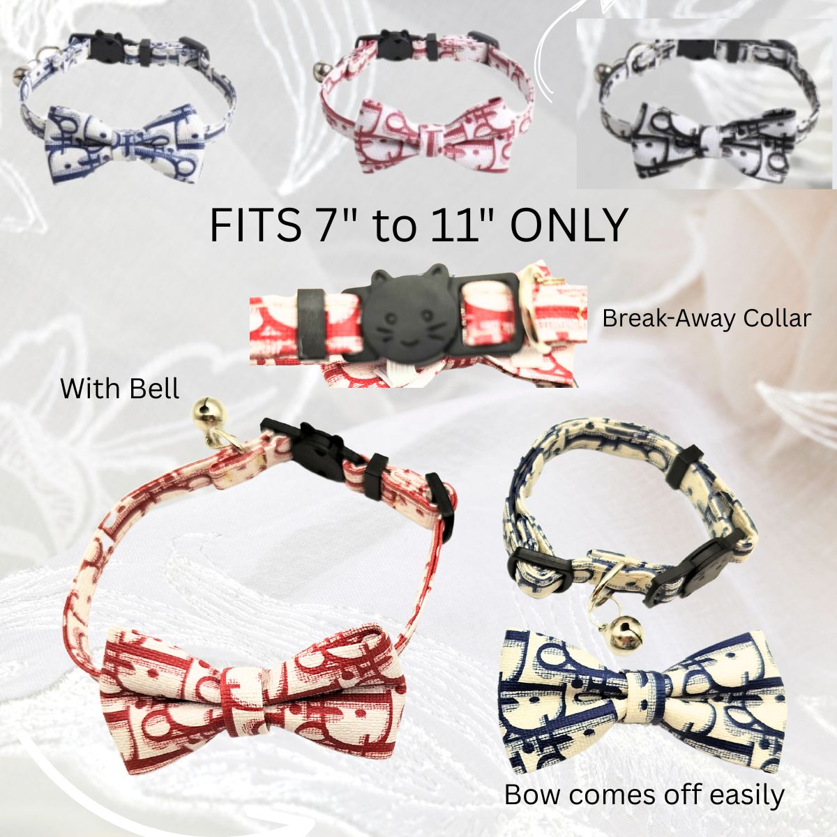 Dream Dog Luxury Designer-Inspired Replica Dog Collar, Adj, for Cats, Puppies & Small Dogs, Break-Away Collar w/Plastic Buckle with Bow, 3 Colors: Blue, Black & Red, Fits Neck Size 7" to 11" only