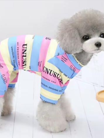 Designer Luxury Fashion Dog Pajamas Shirt Outfit, Cat Clothes Apparel, Multi-Color Stripe Unusual Design, Green, Orange and Rose Red, Small to Medium Breeds, Small to XX-Large