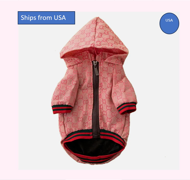 Dream Dog Luxury Designer-Inspired Replica. Fashion Dog Pink Jacket Coat Classic Design Pet Puppy Hoodie Apparel, XS to XXL, Small Breeds