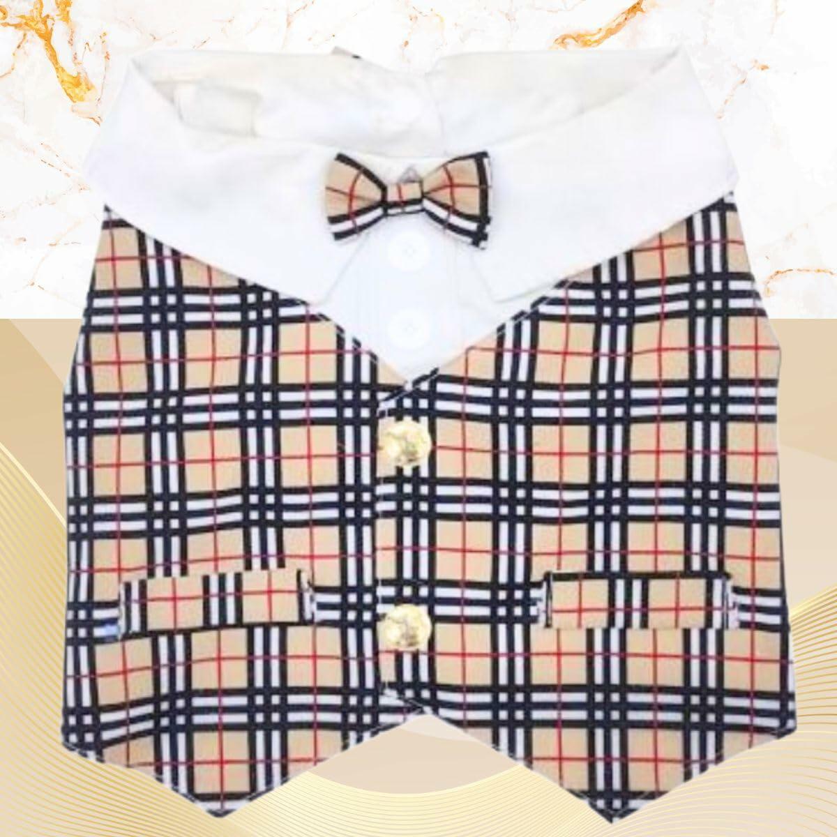 Dream Dog Luxury Checkered Classy Dress Shirt with Bow Tie on Both Sides, Pet Dog Stylish Plaid Gingham Clothes, X-S to XX-Large, Small Medium Breeds and French Bulldog Sizes