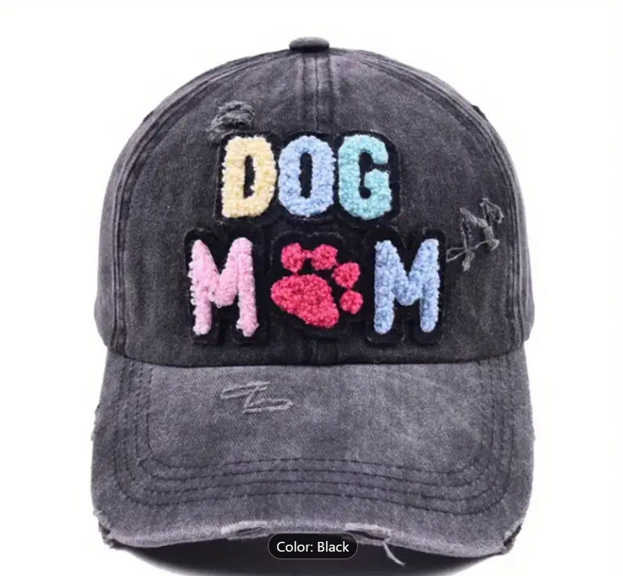 Women's Dog MOM Hat Embroidered Distressed Cotton Denim Adjustable Baseball Cap