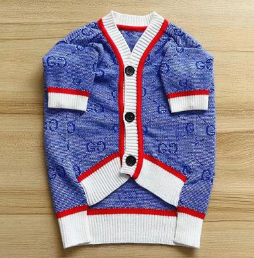 Luxury Fashion Trending Luxury Fashion Button Dog Sweater Fashion Clothes Pet Cats Blue w-Red and White