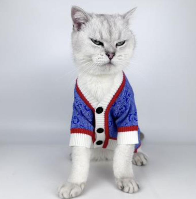 Luxury Fashion Trending Luxury Fashion Button Dog Sweater Fashion Clothes Pet Cats Blue w-Red and White