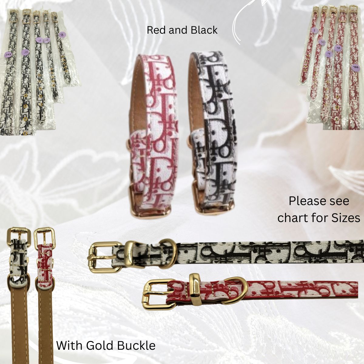 Dream Dog Luxury Designer-Inspired Replica Dog Collar, Adjustable, for Cats, Puppies and Small to Medium Dogs, Collar with Metal Buckle, Black and Red, Fits Neck Size S to XXL"