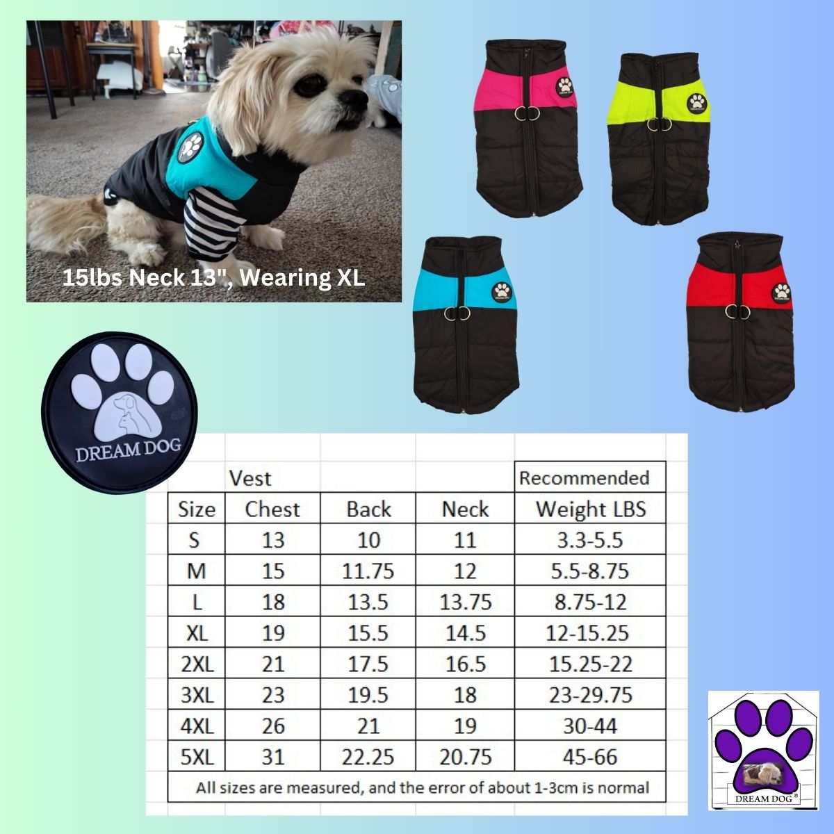 Dream Dog Collection Luxury Fashion Dog Vest, Cat Pet Clothes Apparel, Blue, Pink, Red, and Yellow, Small to Large Breeds, S to 5XL