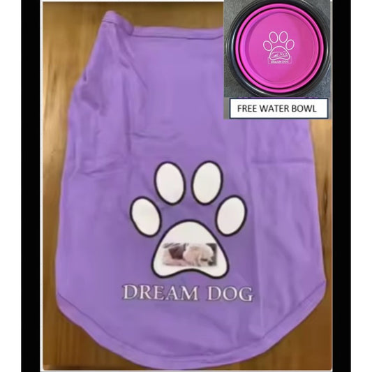 "Dream Dog" Cat Dog T-Shirt Apparel Shirt, Pet Clothes Purple, FREE WATER BOWL