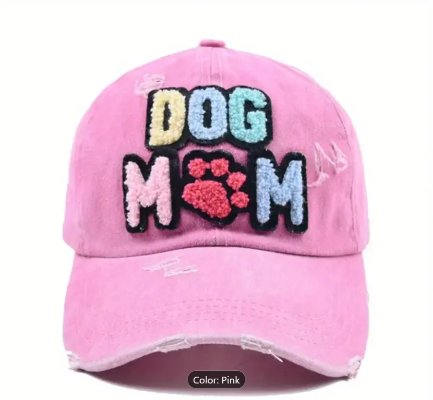 Women's Dog MOM Hat Embroidered Distressed Cotton Denim Adjustable Baseball Cap