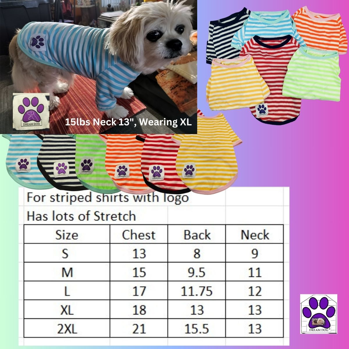 Dream Dog Luxury Dog Summer Casual Striped Shirt T-Shirt Outfit, Cat Pet Clothes Apparel, Blue, Black, Green, Orange, Red and Yellow, Small Breeds❤️