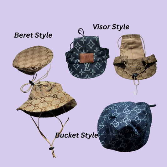 Dream Dog, Luxury Designer Inspired Replicas Adjustable Dog Bucket Style Hat, Beret Style Hat, Visor Style Hat Cap Blue or Brown Colors, Small and Medium Breeds