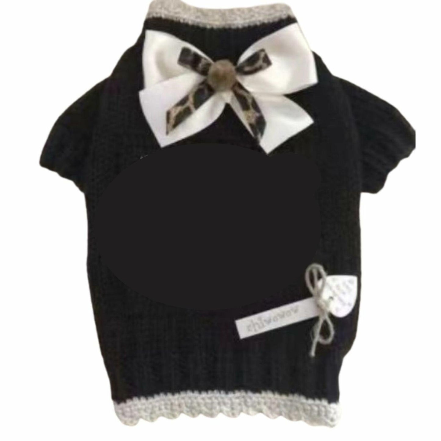 Dream Dog Luxury Replicas Pet Sweater Black with Gray Trim, Beautiful Bow, Fashion Clothes Dog Cats, Super Soft and Warm, XS-XXL, Small-Medium Breeds