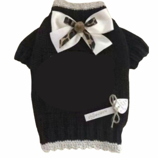 Dream Dog Luxury Replicas Pet Sweater Black with Gray Trim, Beautiful Bow, Fashion Clothes Dog Cats, Super Soft and Warm, XS-XXL, Small-Medium Breeds