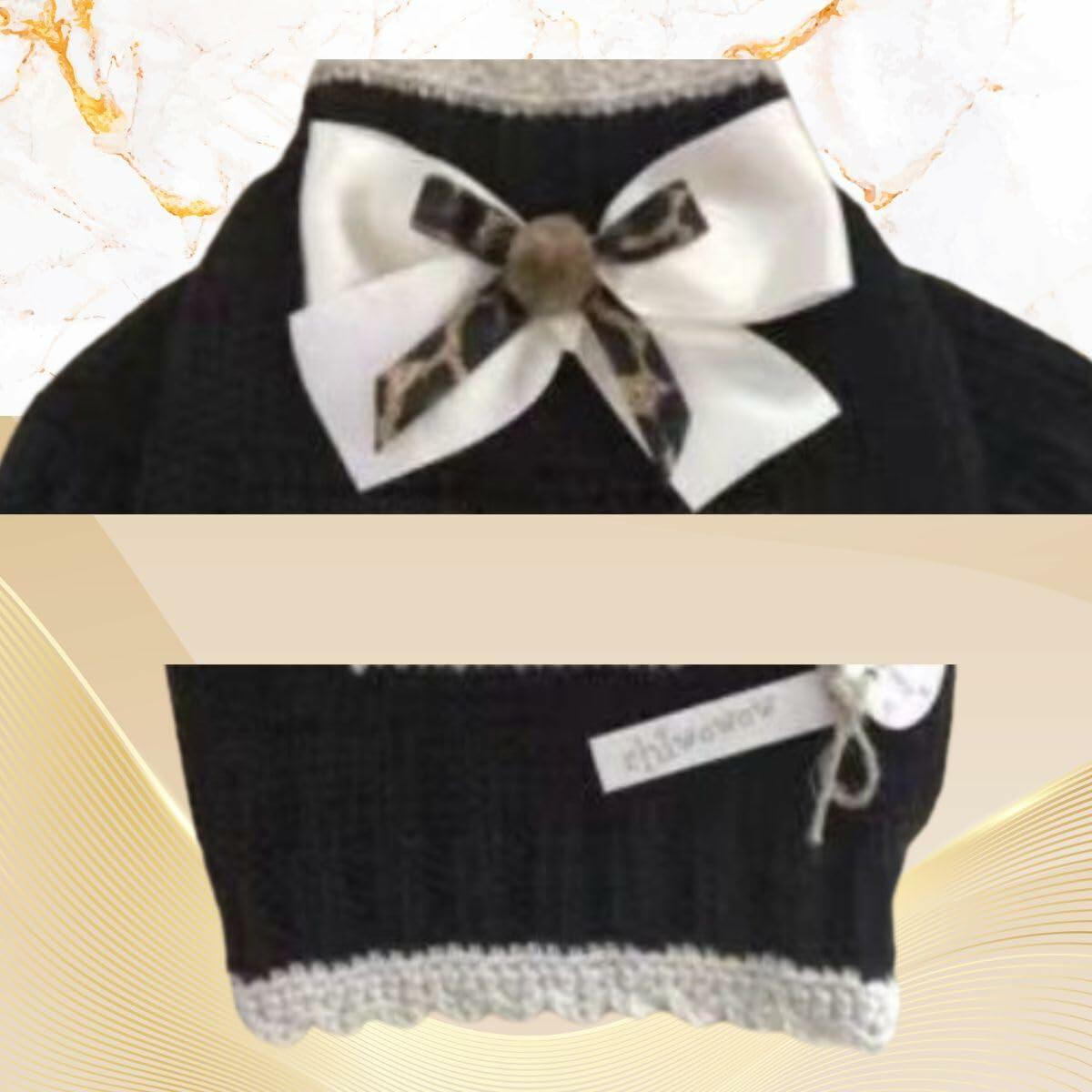 Dream Dog Luxury Replicas Pet Sweater Black with Gray Trim, Beautiful Bow, Fashion Clothes Dog Cats, Super Soft and Warm, XS-XXL, Small-Medium Breeds