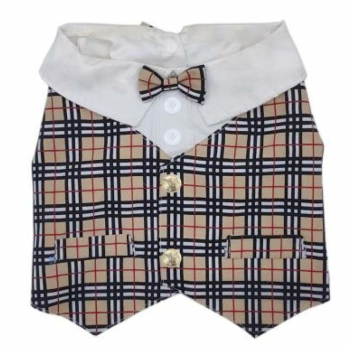 Dream Dog Luxury Checkered Classy Dress Shirt with Bow Tie on Both Sides, Pet Dog Stylish Plaid Gingham Clothes, X-S to XX-Large, Small Medium Breeds and French Bulldog Sizes