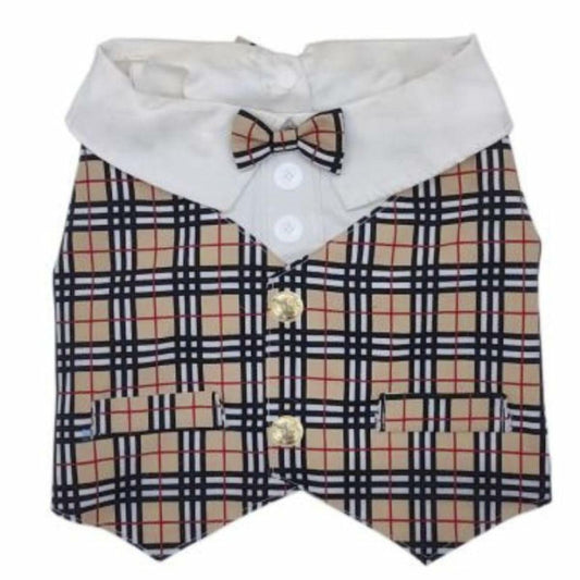 Dream Dog Luxury Checkered Classy Dress Shirt with Bow Tie on Both Sides, Pet Dog Stylish Plaid Gingham Clothes, X-S to XX-Large, Small Medium Breeds and French Bulldog Sizes