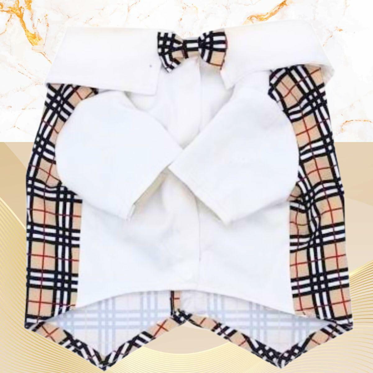 Dream Dog Luxury Checkered Classy Dress Shirt with Bow Tie on Both Sides, Pet Dog Stylish Plaid Gingham Clothes, X-S to XX-Large, Small Medium Breeds and French Bulldog Sizes