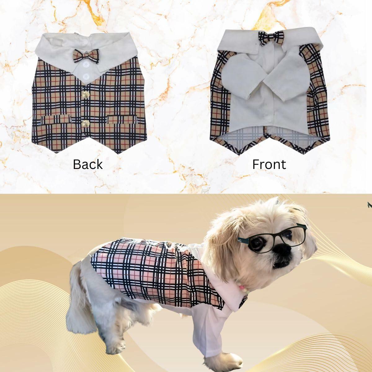 Dream Dog Luxury Checkered Classy Dress Shirt with Bow Tie on Both Sides, Pet Dog Stylish Plaid Gingham Clothes, X-S to XX-Large, Small Medium Breeds and French Bulldog Sizes