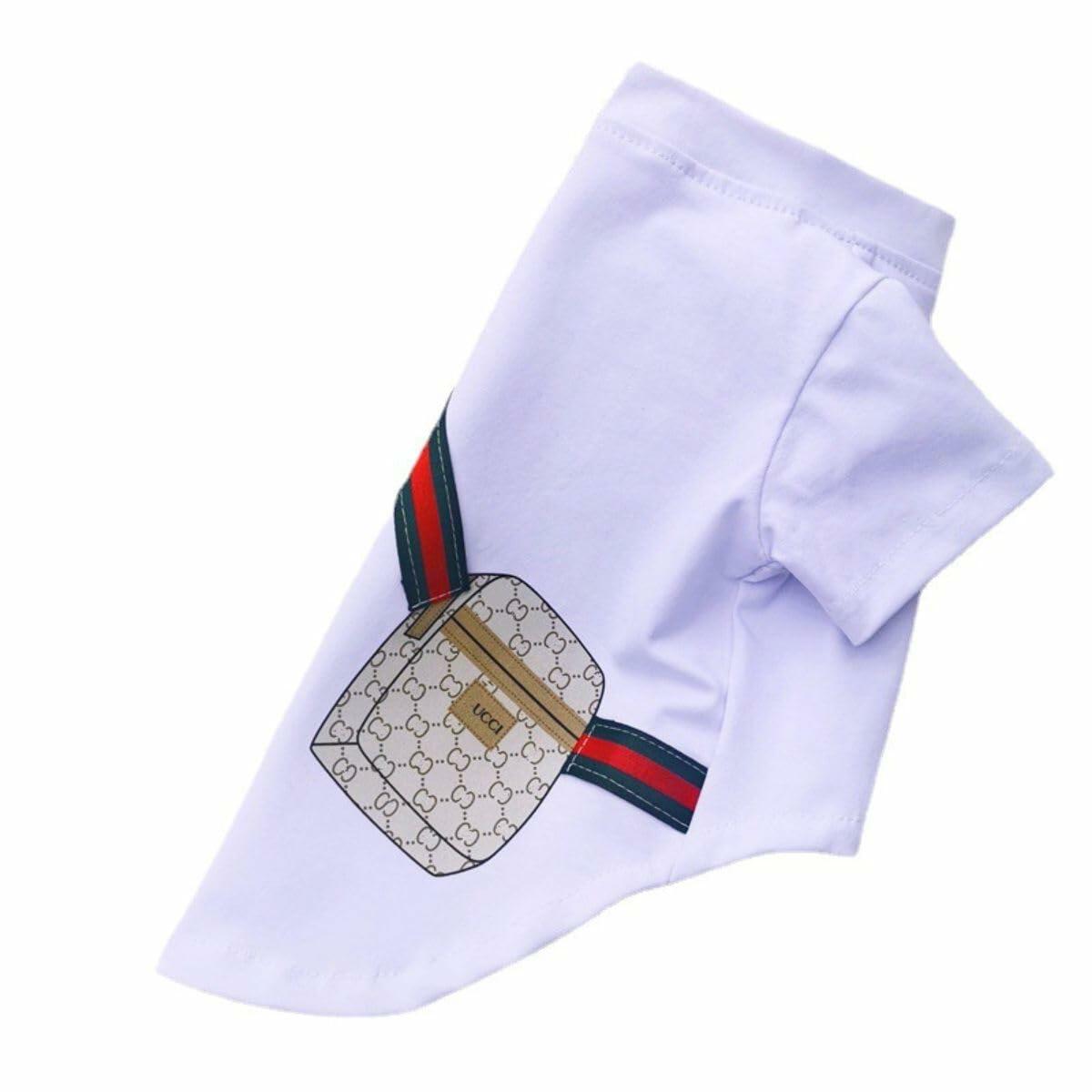 Luxury Designer-Inspired Replica Fashion Dog Summer Casual Shirt T-Shirt Outfit, Cat Pet Clothes Apparel, Black or White Holding a Sachet (on Fabric), Small Breeds, Small to XX-Large (White, Small)