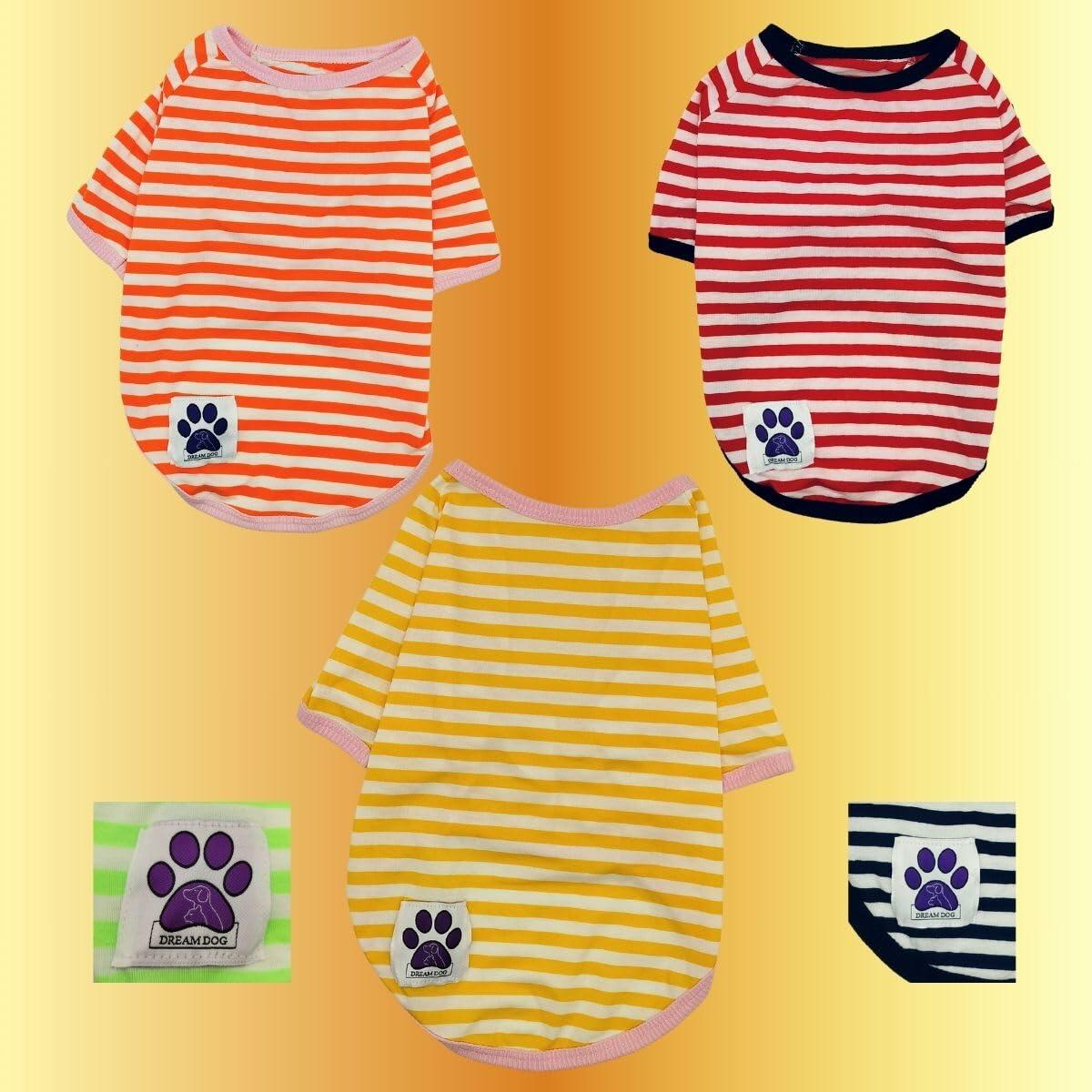 Dream Dog Small Breeds - Luxury Dog Summer Casual Striped Shirt T-Shirt Outfit, Cat Pet Clothes Apparel, Blue, Black, Green, Orange, Red and Yellow, Small Breeds, Small to XX-Large )