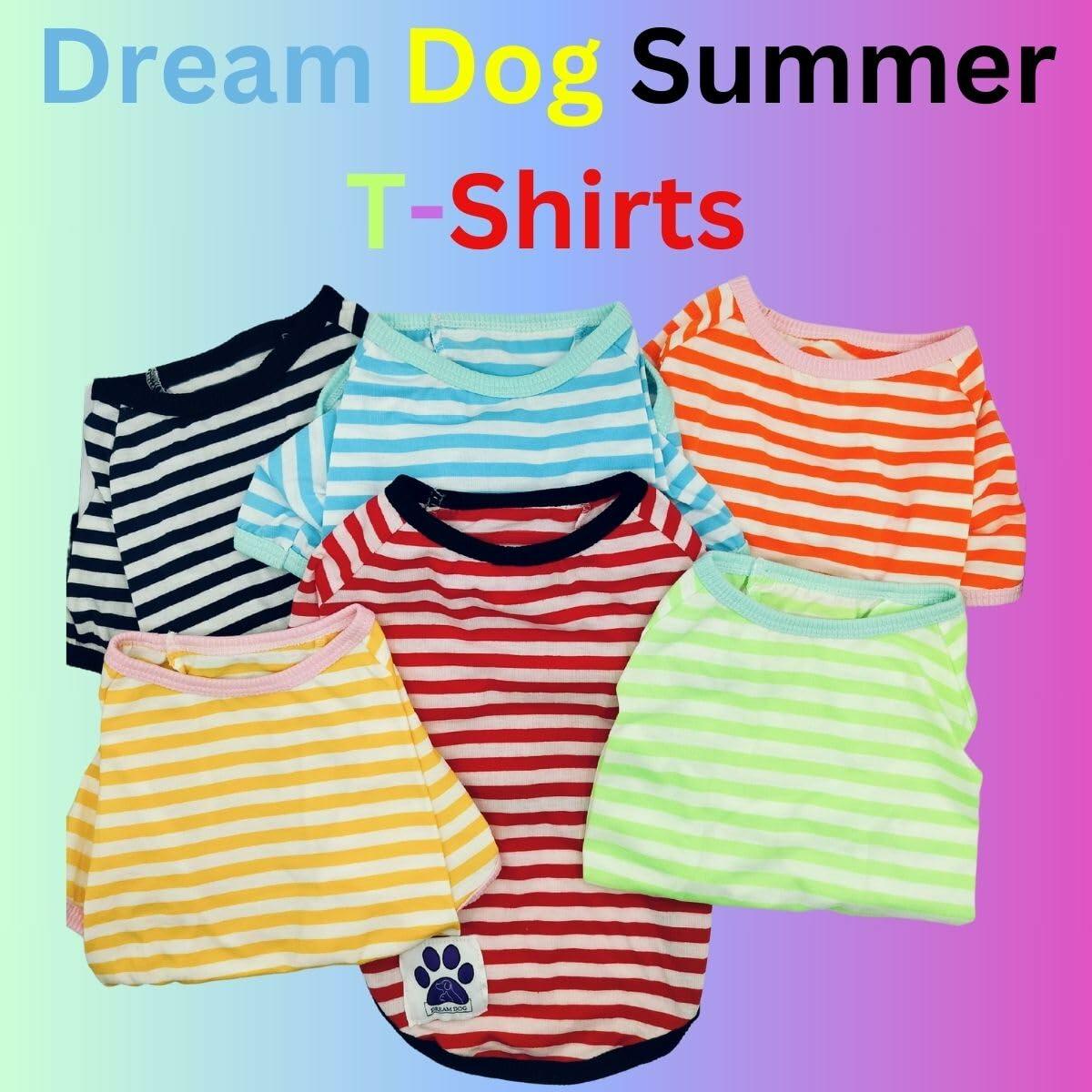 Dream Dog Small Breeds - Luxury Dog Summer Casual Striped Shirt T-Shirt Outfit, Cat Pet Clothes Apparel, Blue, Black, Green, Orange, Red and Yellow, Small Breeds, Small to XX-Large )
