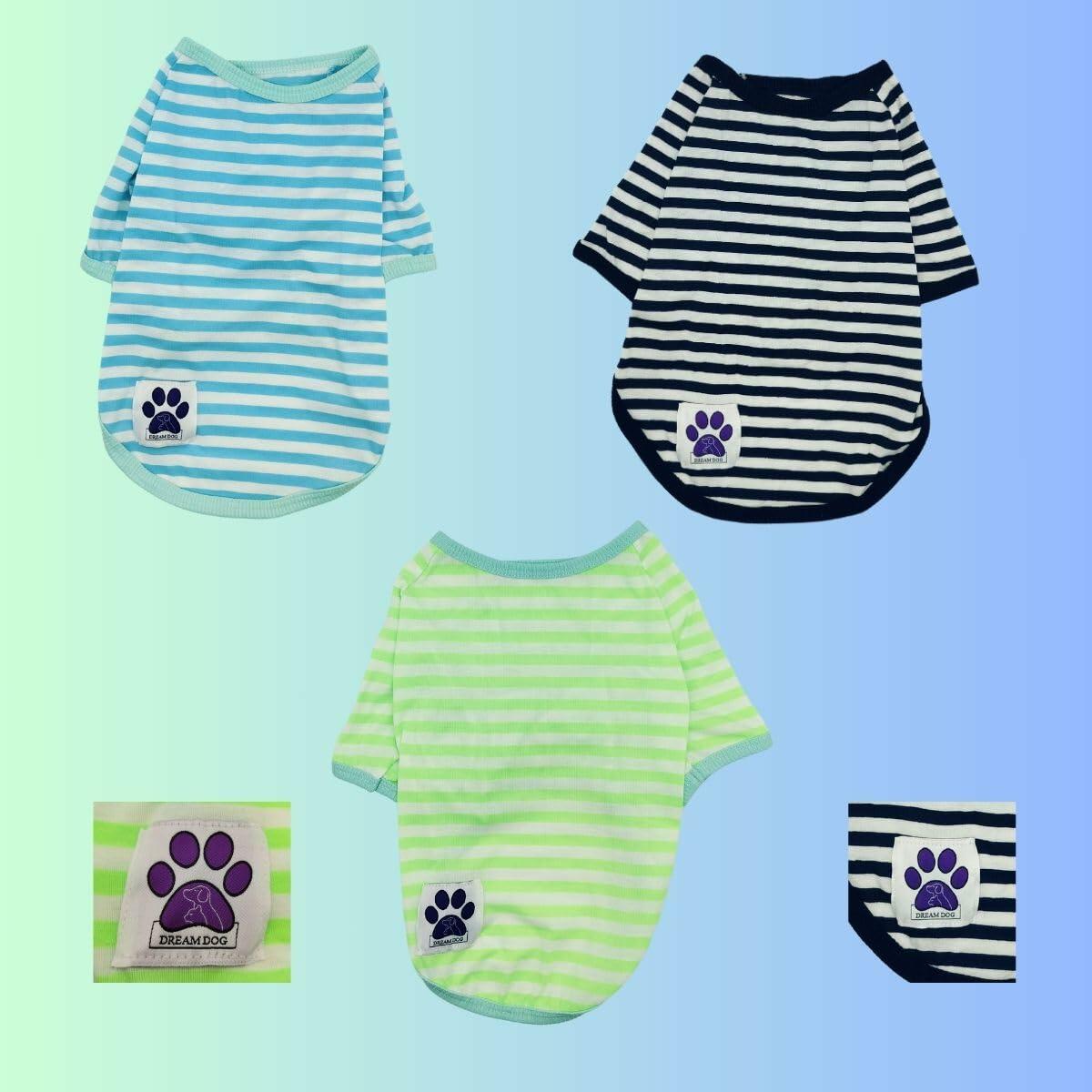 Dream Dog Small Breeds - Luxury Dog Summer Casual Striped Shirt T-Shirt Outfit, Cat Pet Clothes Apparel, Blue, Black, Green, Orange, Red and Yellow, Small Breeds, Small to XX-Large )