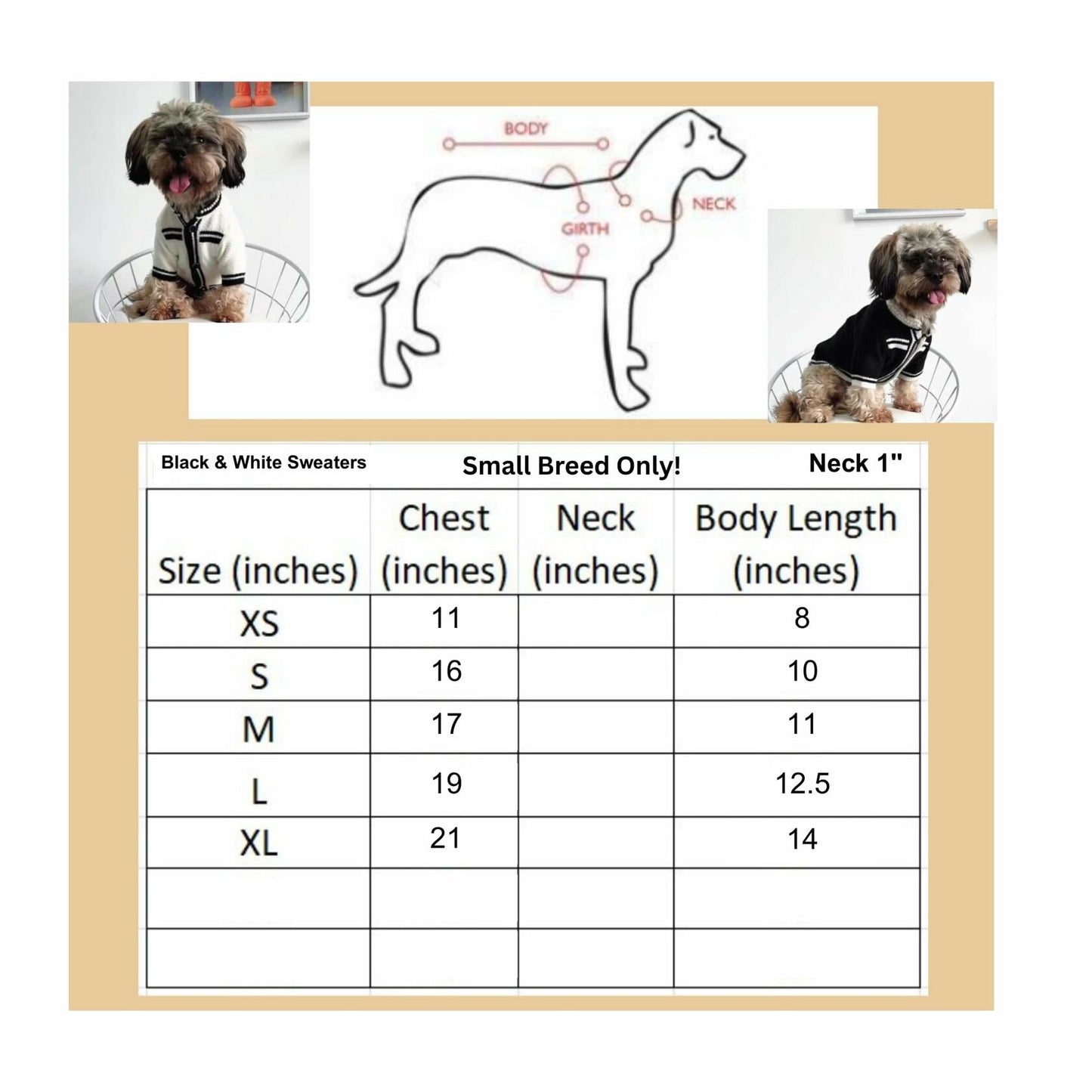 Dream Dog, Small Breed Only - Luxury Sweater - XS to XL - Black and White Sweaters with Pearls, Pet Cat Dog Clothes, Super Cute & Soft