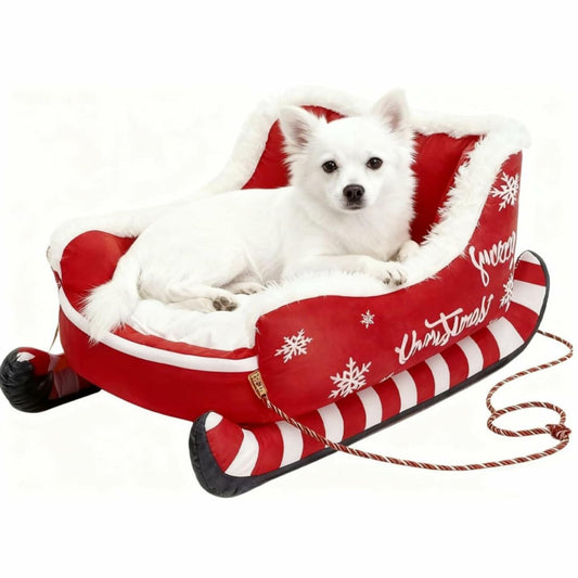 Dream Dog Christmas Sleigh Dog Bed - Festive Plush Cozy Dog Cat Beds, Winter Washable Holiday Sleeping Sofa Non-Slip for Small & Medium Pets Indoor Rest